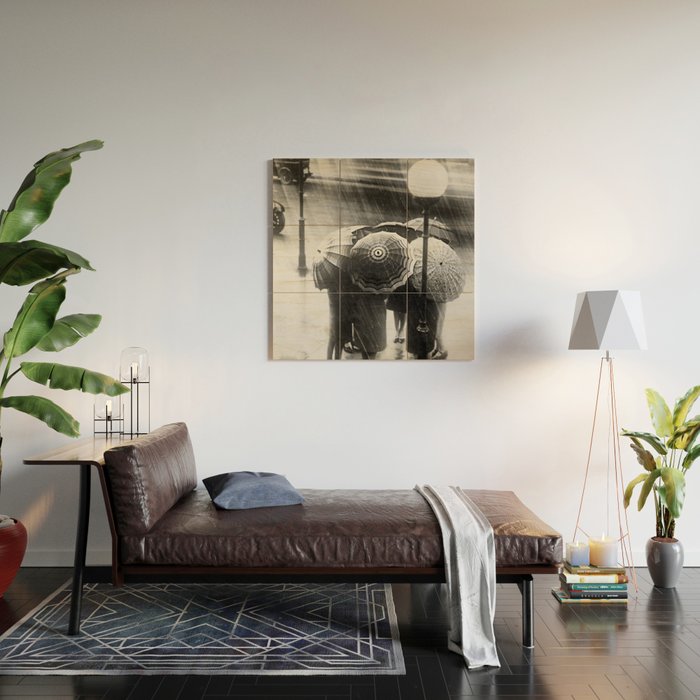 Friends in the Rain with Umbrellas black and white photography Wood Wall Art Gallery Image 2