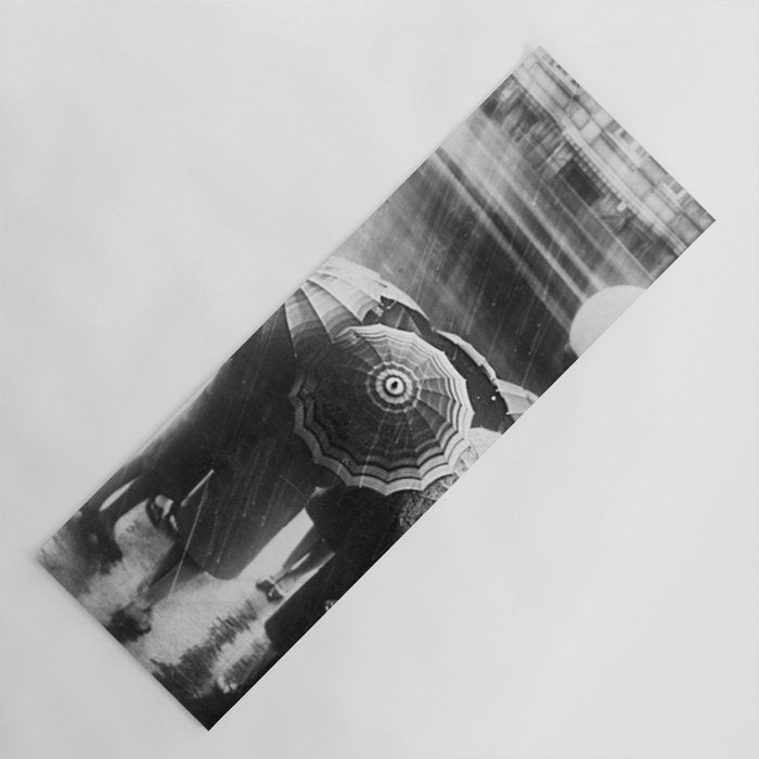 Friends in the Rain with Umbrellas black and white photography Yoga Mat Gallery Image 1