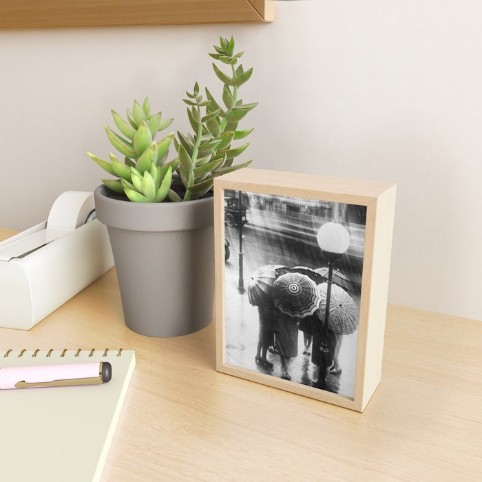 Friends in the Rain with Umbrellas black and white photography Mini Art Print Gallery Image 2