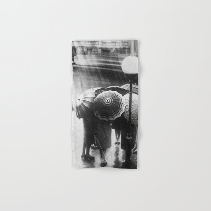 Friends in the Rain with Umbrellas black and white photography Bath Towel Gallery Image 1