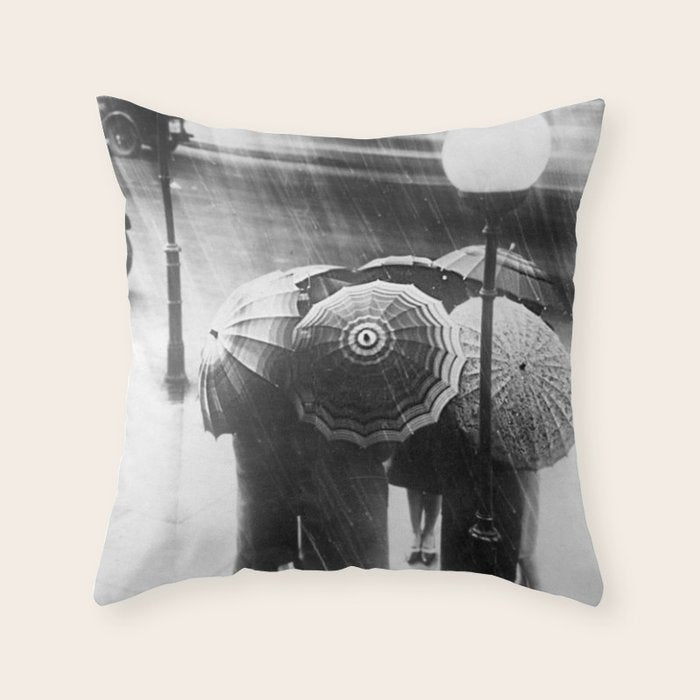 Friends in the Rain with Umbrellas black and white photography Throw Pillow Gallery Image 6