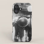Friends in the Rain with Umbrellas black and white photography iPhone Case Gallery Image 1