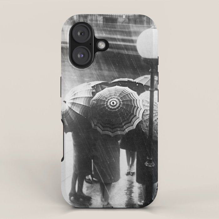 Friends in the Rain with Umbrellas black and white photography iPhone Case Gallery Image 1