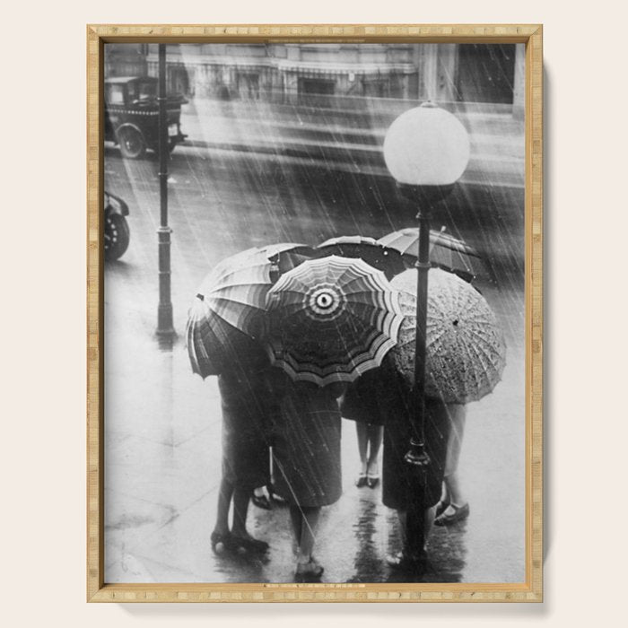 Friends in the Rain with Umbrellas black and white photography Serving Tray Gallery Image 1