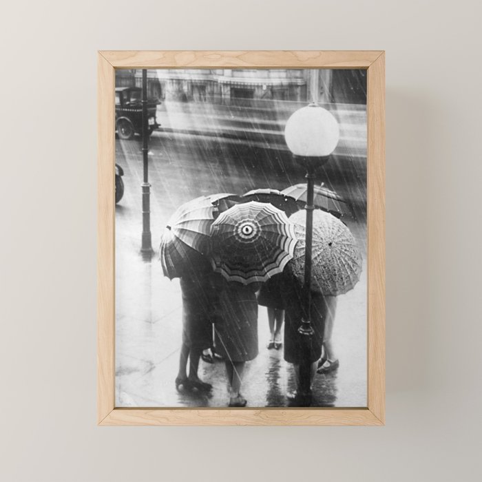 Friends in the Rain with Umbrellas black and white photography Mini Art Print Gallery Image 1