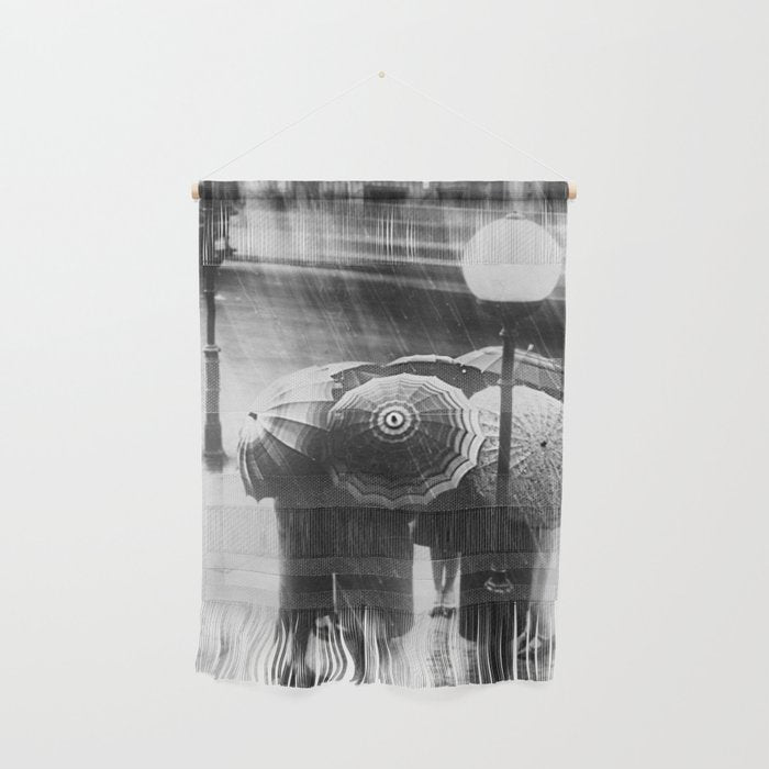Friends in the Rain with Umbrellas black and white photography Wall Hanging Gallery Image 1