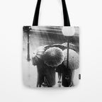 Friends in the Rain with Umbrellas black and white photography Tote Bag Gallery Image 1