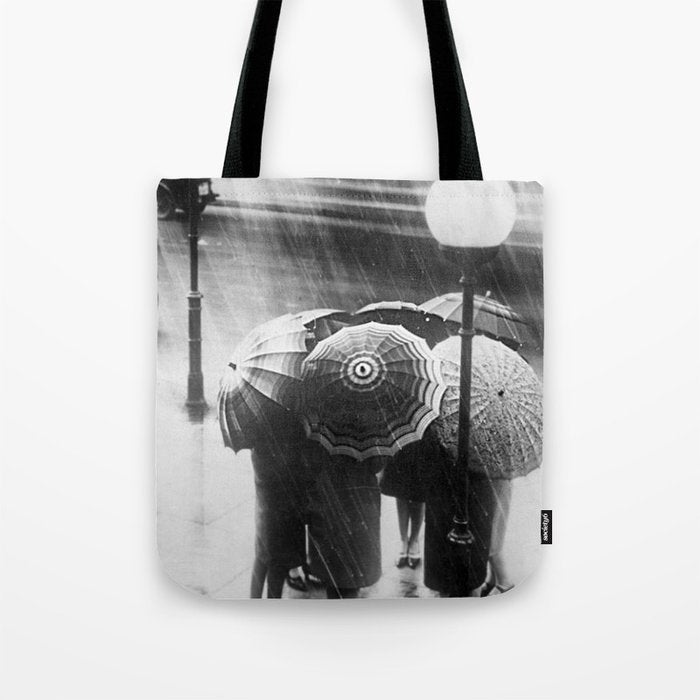 Friends in the Rain with Umbrellas black and white photography Tote Bag Gallery Image 1