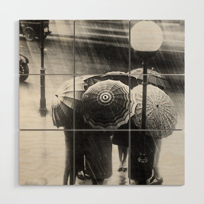 Friends in the Rain with Umbrellas black and white photography Wood Wall Art Gallery Image 1