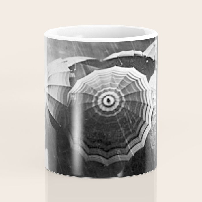 Friends in the Rain with Umbrellas black and white photography Coffee Mug Gallery Image 4