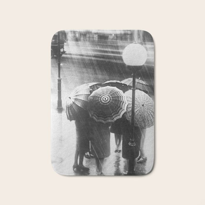 Friends in the Rain with Umbrellas black and white photography Bath Mat Gallery Image 1