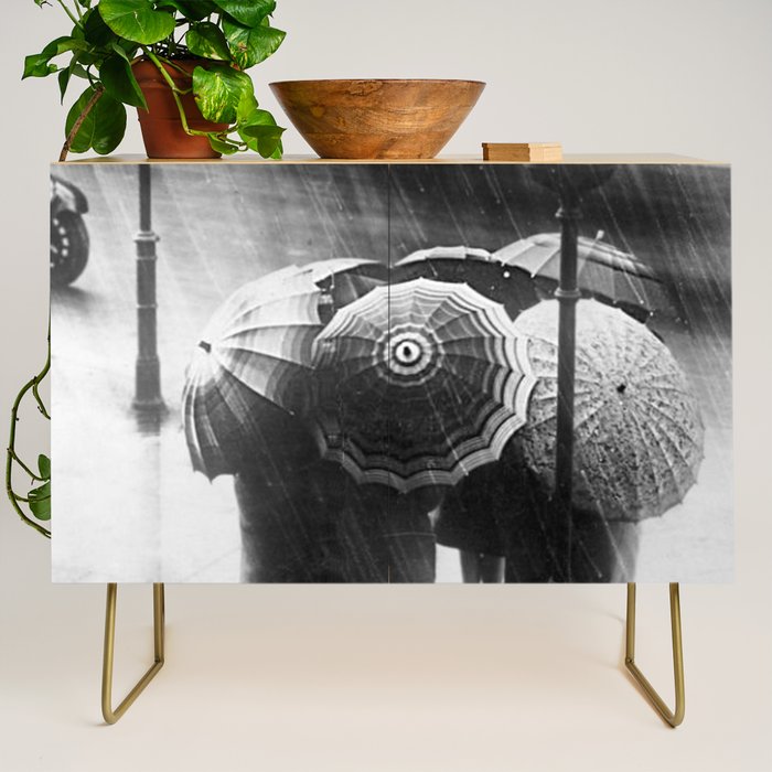 Friends in the Rain with Umbrellas black and white photography Credenza Gallery Image 1