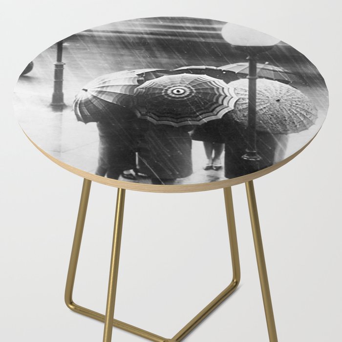 Friends in the Rain with Umbrellas black and white photography Side Table Gallery Image 2