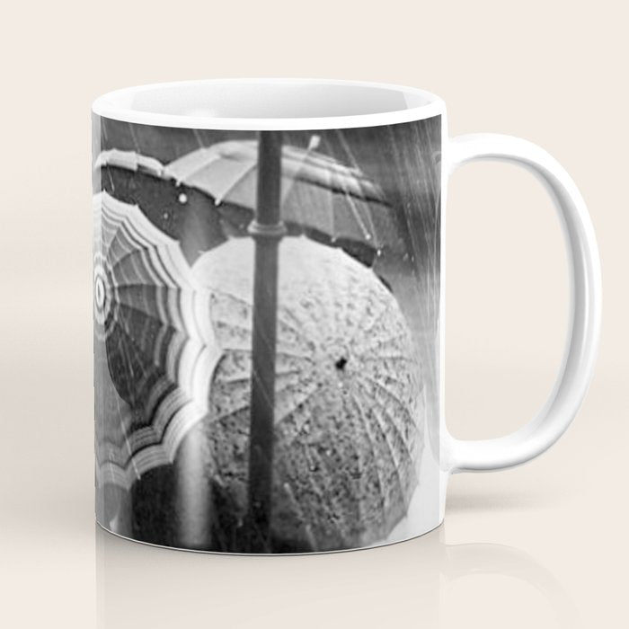 Friends in the Rain with Umbrellas black and white photography Coffee Mug Gallery Image 1