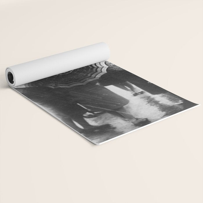 Friends in the Rain with Umbrellas black and white photography Yoga Mat Gallery Image 2