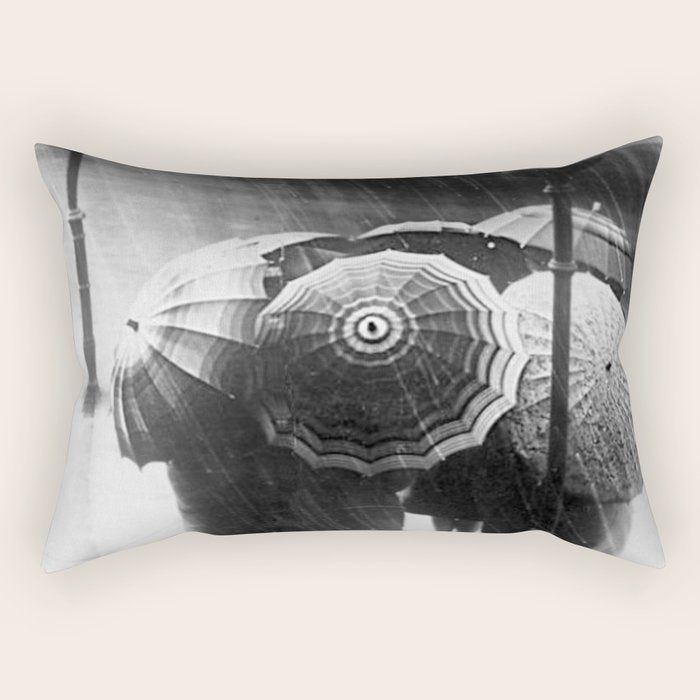 Friends in the Rain with Umbrellas black and white photography Rectangular Pillow Gallery Image 1
