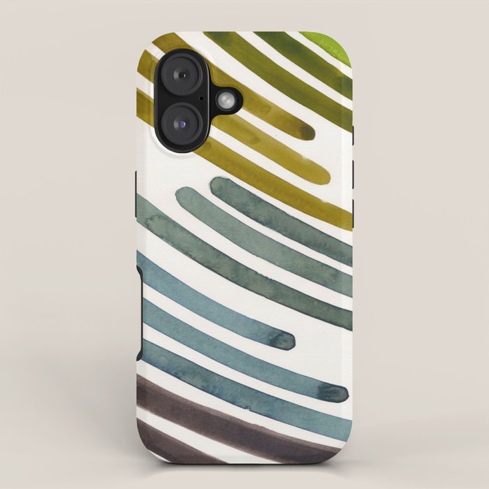 Olive Green Navy Blue Watercolor Colorful Stripes Mid Century Modern Art Primitive Abstract Art iPhone Case Gallery Image 1