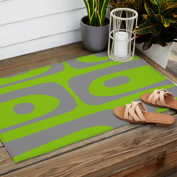 Mid Century Modern Piquet Abstract Pattern in Gray and Lime Green Outdoor Rug Gallery Image 2