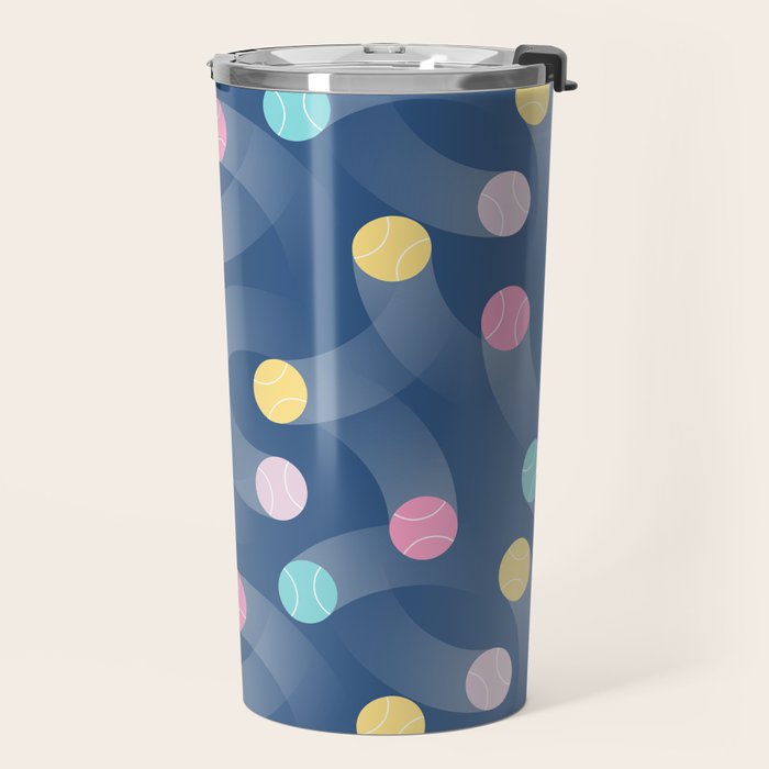 Colorful pastel tennis balls over blue background pattern Travel Mug Gallery Image 2