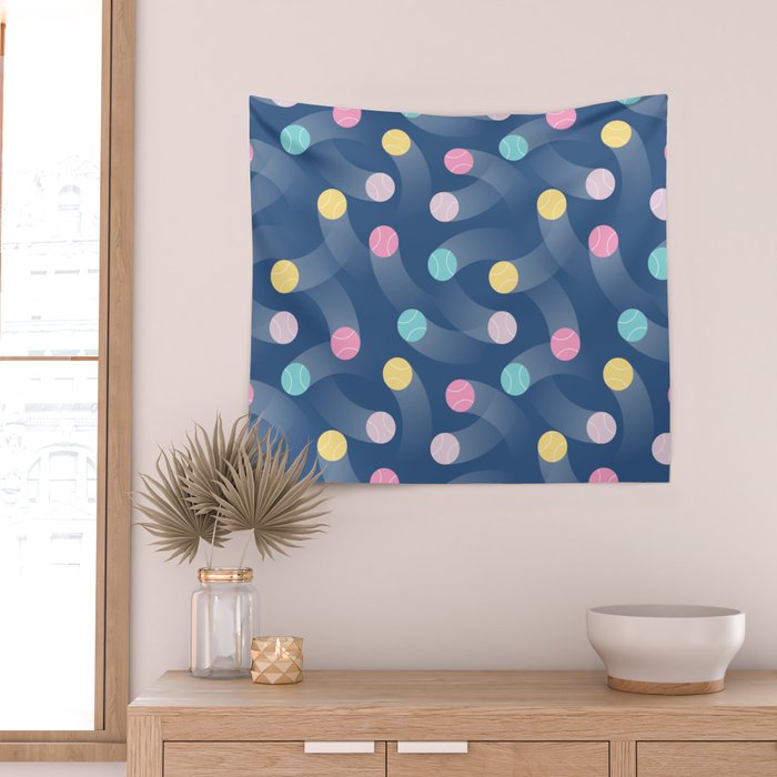Colorful pastel tennis balls over blue background pattern Wall Tapestry Gallery Image 2