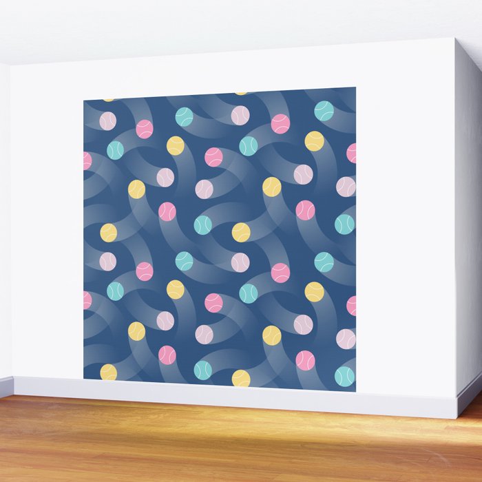 Colorful pastel tennis balls over blue background pattern Wall Mural Gallery Image 2
