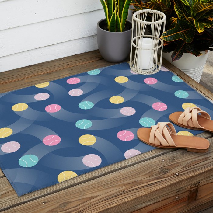 Colorful pastel tennis balls over blue background pattern Outdoor Rug Gallery Image 2