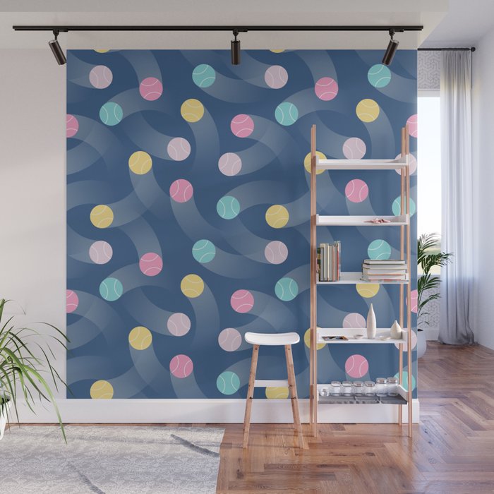 Colorful pastel tennis balls over blue background pattern Wall Mural Gallery Image 1