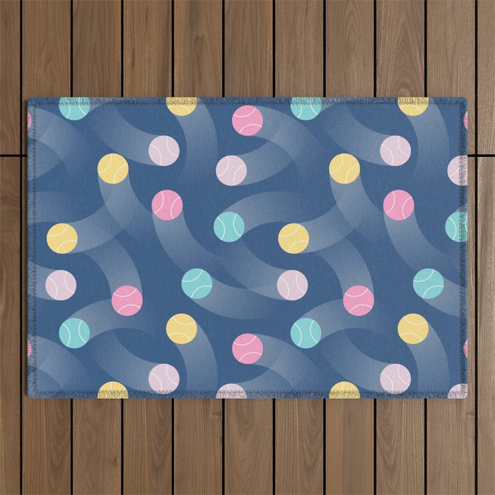 Colorful pastel tennis balls over blue background pattern Outdoor Rug Gallery Image 1