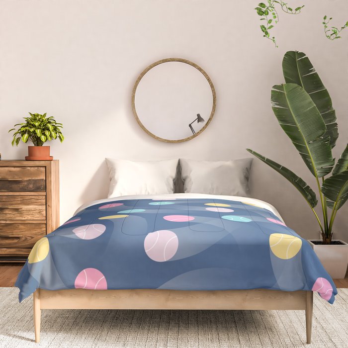 Colorful pastel tennis balls over blue background pattern Comforter Gallery Image 3