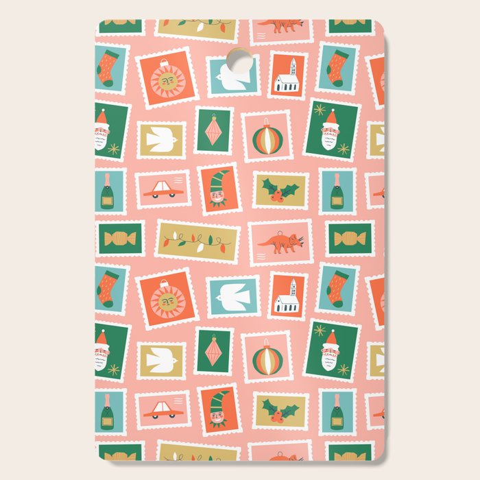 Vintage christmas postage stamp sticker pattern Cutting Board Gallery Image 1