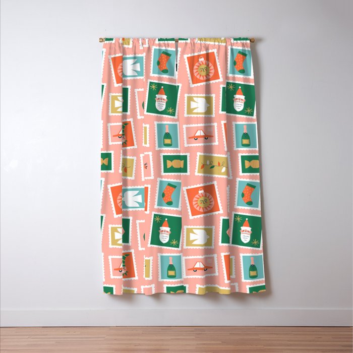 Vintage christmas postage stamp sticker pattern Window Curtain Gallery Image 3