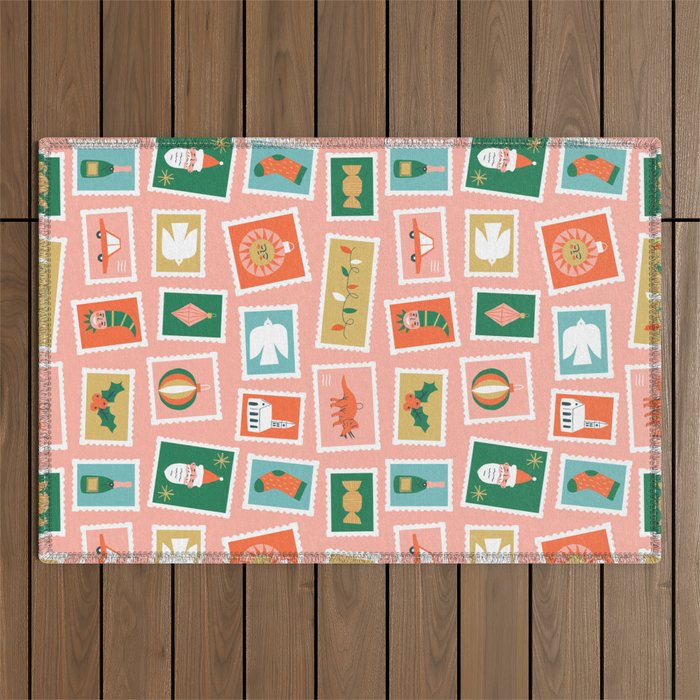 Vintage christmas postage stamp sticker pattern Outdoor Rug Gallery Image 1