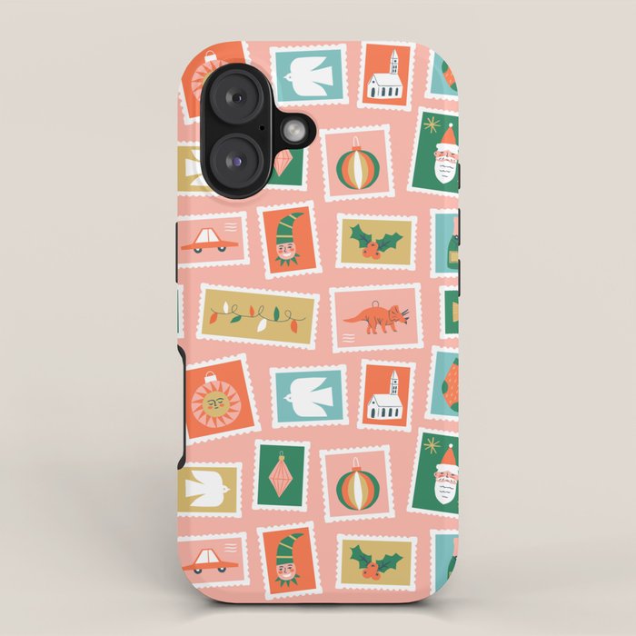 Vintage christmas postage stamp sticker pattern iPhone Case Gallery Image 1