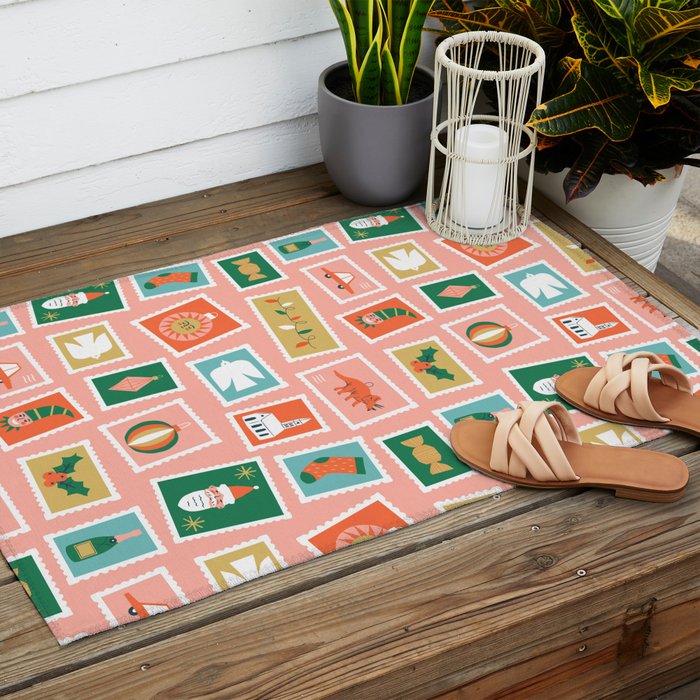 Vintage christmas postage stamp sticker pattern Outdoor Rug Gallery Image 2