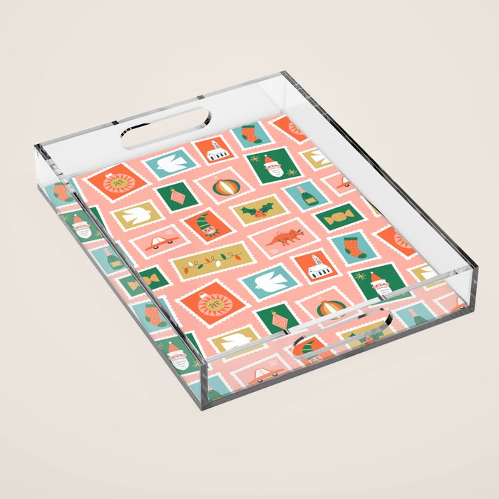 Vintage christmas postage stamp sticker pattern Acrylic Tray Gallery Image 1