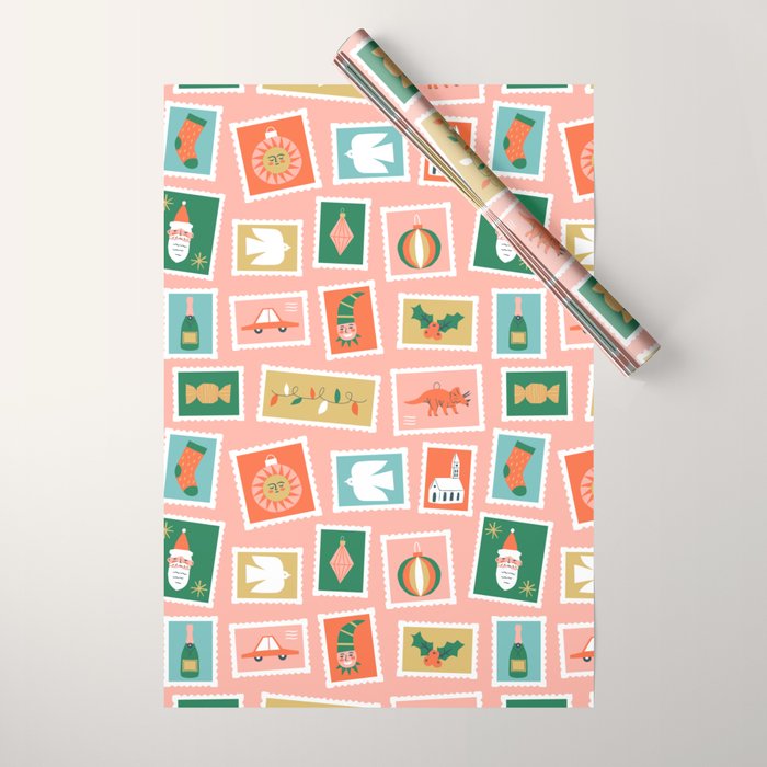 Vintage christmas postage stamp sticker pattern Wrapping Paper Gallery Image 1