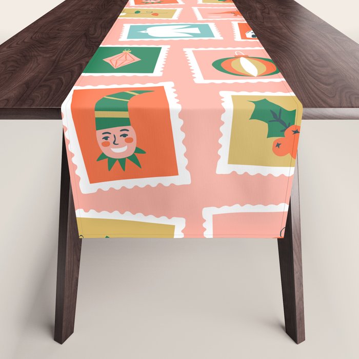 Vintage christmas postage stamp sticker pattern Table Runner Gallery Image 1