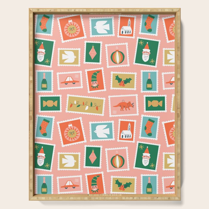 Vintage christmas postage stamp sticker pattern Serving Tray Gallery Image 1