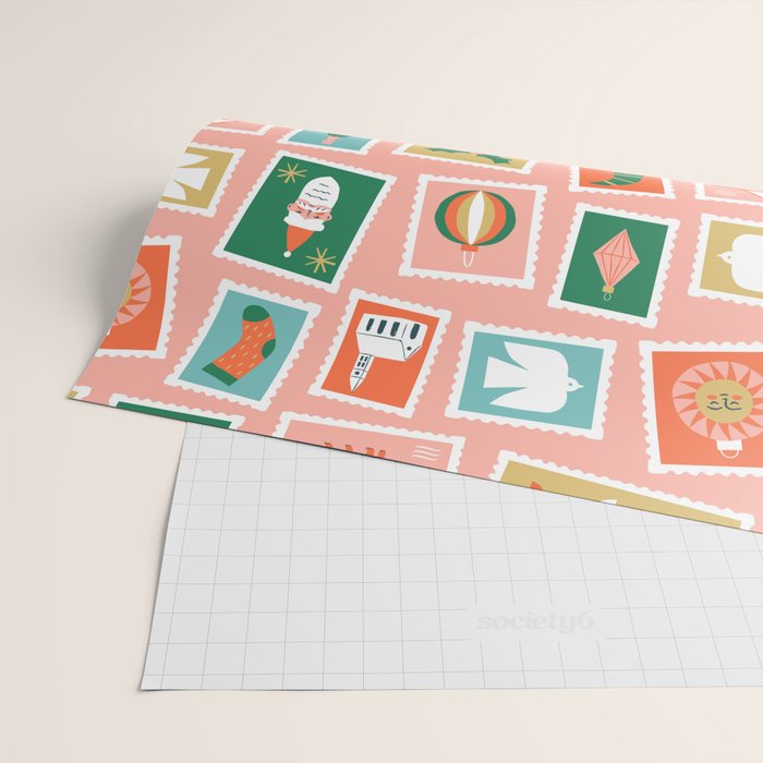 Vintage christmas postage stamp sticker pattern Wrapping Paper Gallery Image 2