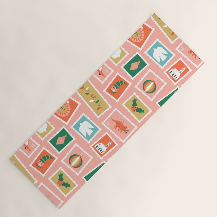 Vintage christmas postage stamp sticker pattern Yoga Mat Gallery Image 1