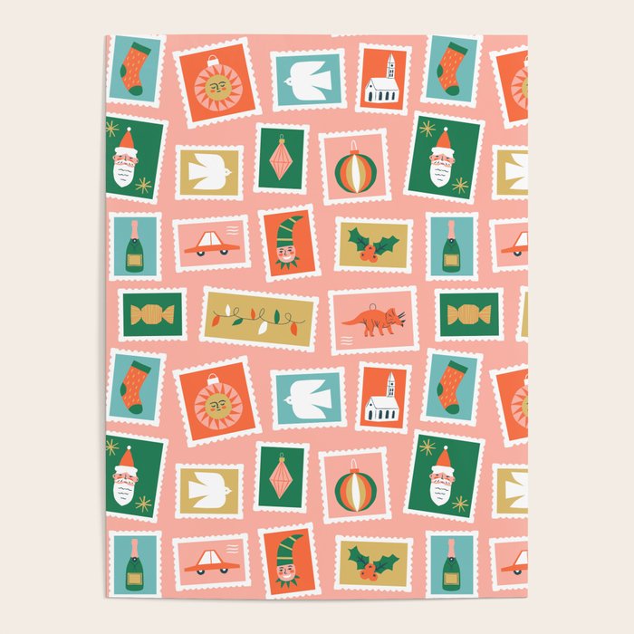 Vintage christmas postage stamp sticker pattern Poster Gallery Image 1