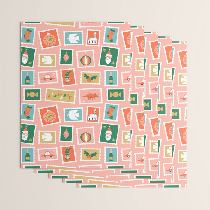 Vintage christmas postage stamp sticker pattern Wrapping Paper Gallery Image 3