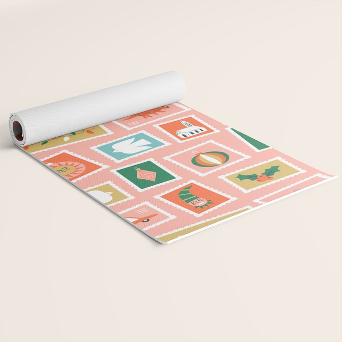 Vintage christmas postage stamp sticker pattern Yoga Mat Gallery Image 2
