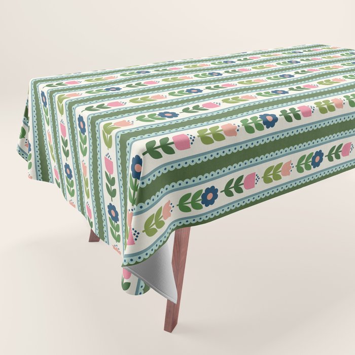 Scandi-Floral Stripes Green Pink Blue Tablecloth Gallery Image 1