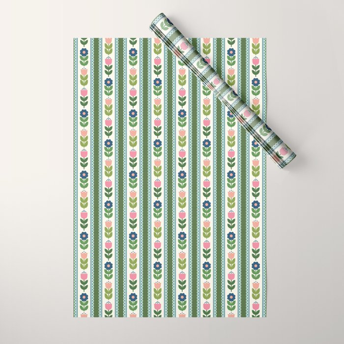 Scandi-Floral Stripes Green Pink Blue Wrapping Paper Gallery Image 1