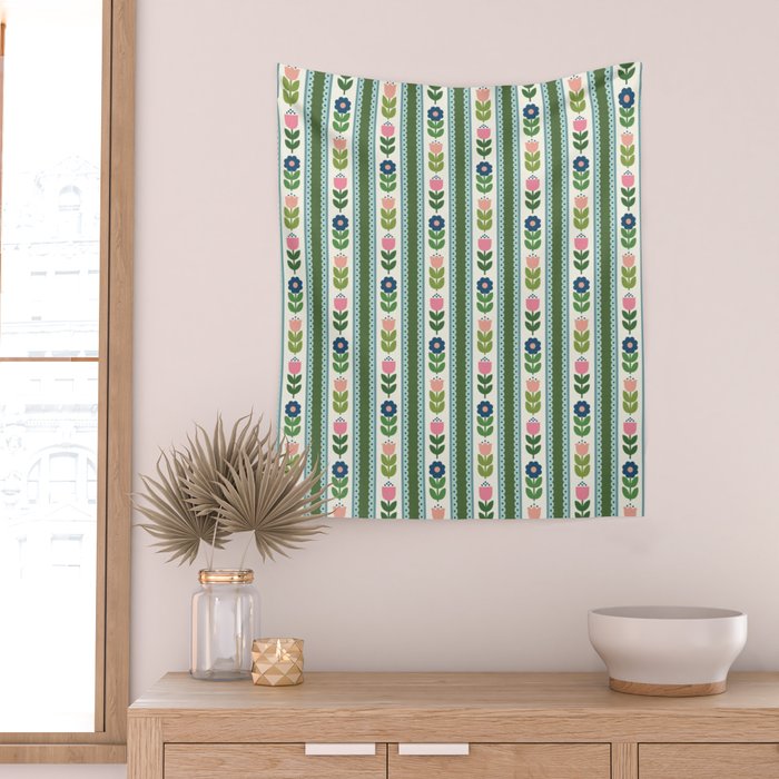Scandi-Floral Stripes Green Pink Blue Wall Tapestry Gallery Image 2