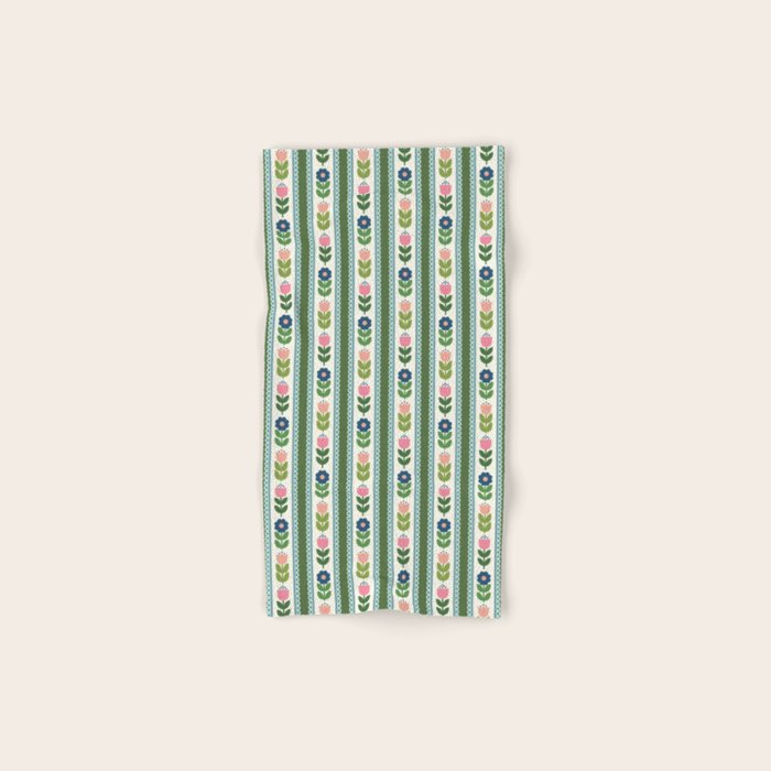 Scandi-Floral Stripes Green Pink Blue Bath Towel Gallery Image 1