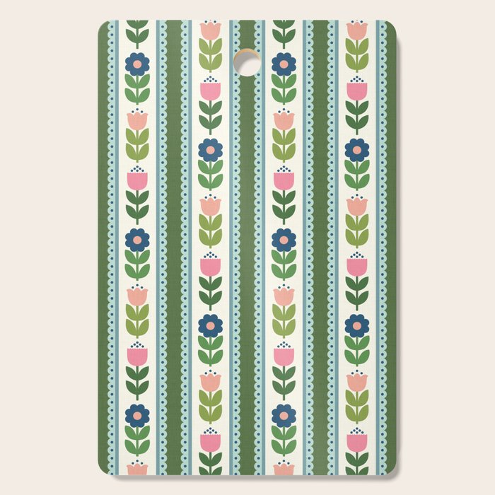 Scandi-Floral Stripes Green Pink Blue Cutting Board Gallery Image 1