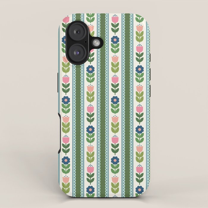 Scandi-Floral Stripes Green Pink Blue iPhone Case Gallery Image 1
