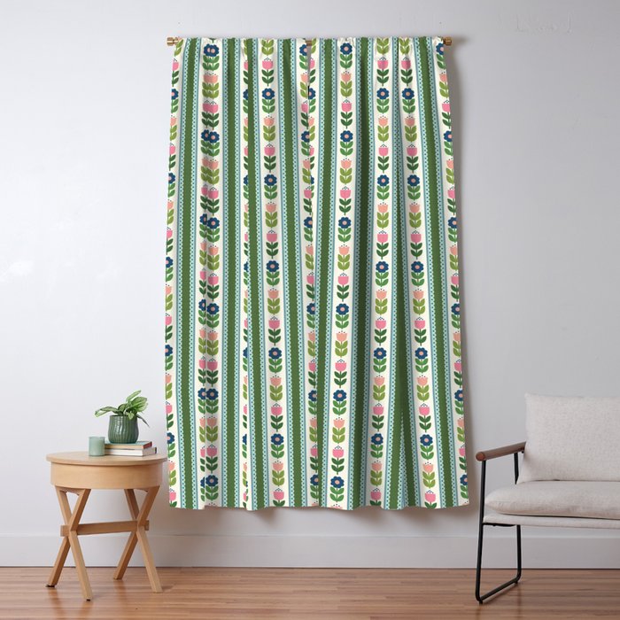 Scandi-Floral Stripes Green Pink Blue Window Curtain Gallery Image 5